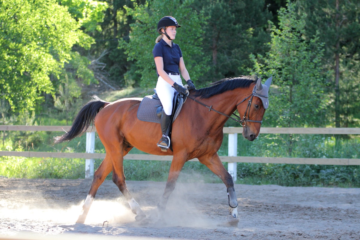 women riding horse with dust